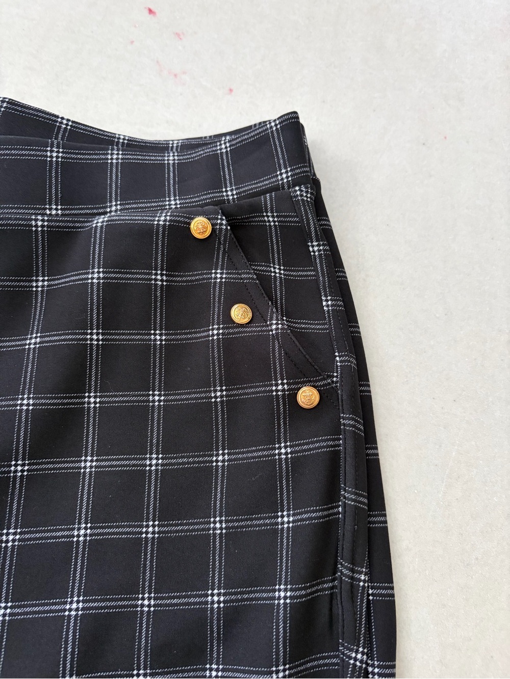 Black Plaid Women's Chinos with Gold Button Detail - Picture 12 of 13
